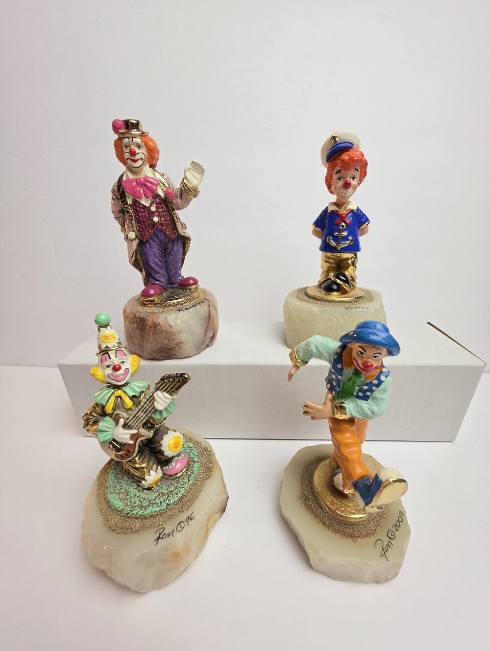 Ron Lee Collectable Clowns Hand-painted Embellished Onyx or Marble Base Lot of 4